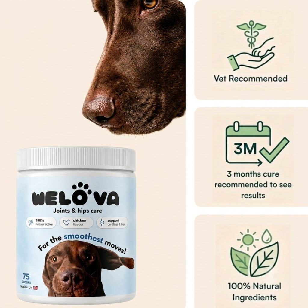 Welova Hips & Joints - pot 75 doses, complement articulaire pour chien, recommande par les veterinaires