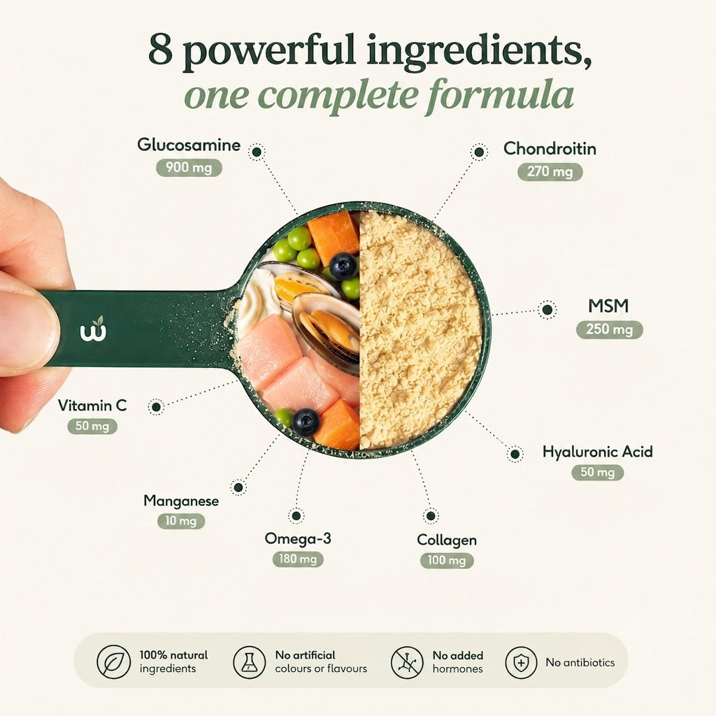 Welova Hips & Joints - 8 ingredients actifs par scoop : glucosamine, chondroitine, MSM, collagene, omega-3, vitamine C, acide hyaluronique, manganese